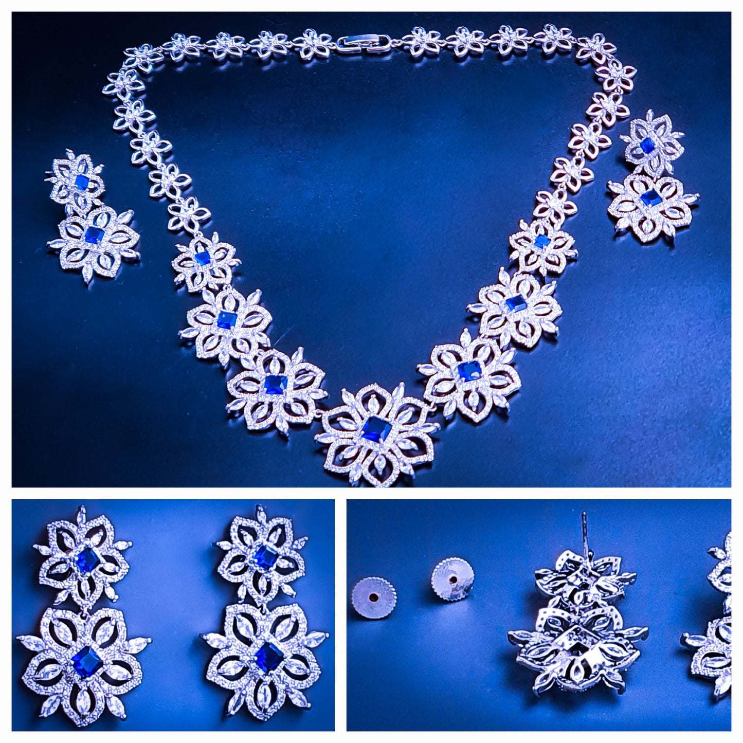 Titanium Steel Cubic Zirconia Necklace Set - Introducing Raani's Regal Blue Necklace Set, crafted with rhodium-finish Titanium Steel and Cubic Zirconia. This enchanting ensemble features a delicate floral design adorned with blue and white cubic zirconia that sparkle like stars in the night sky.