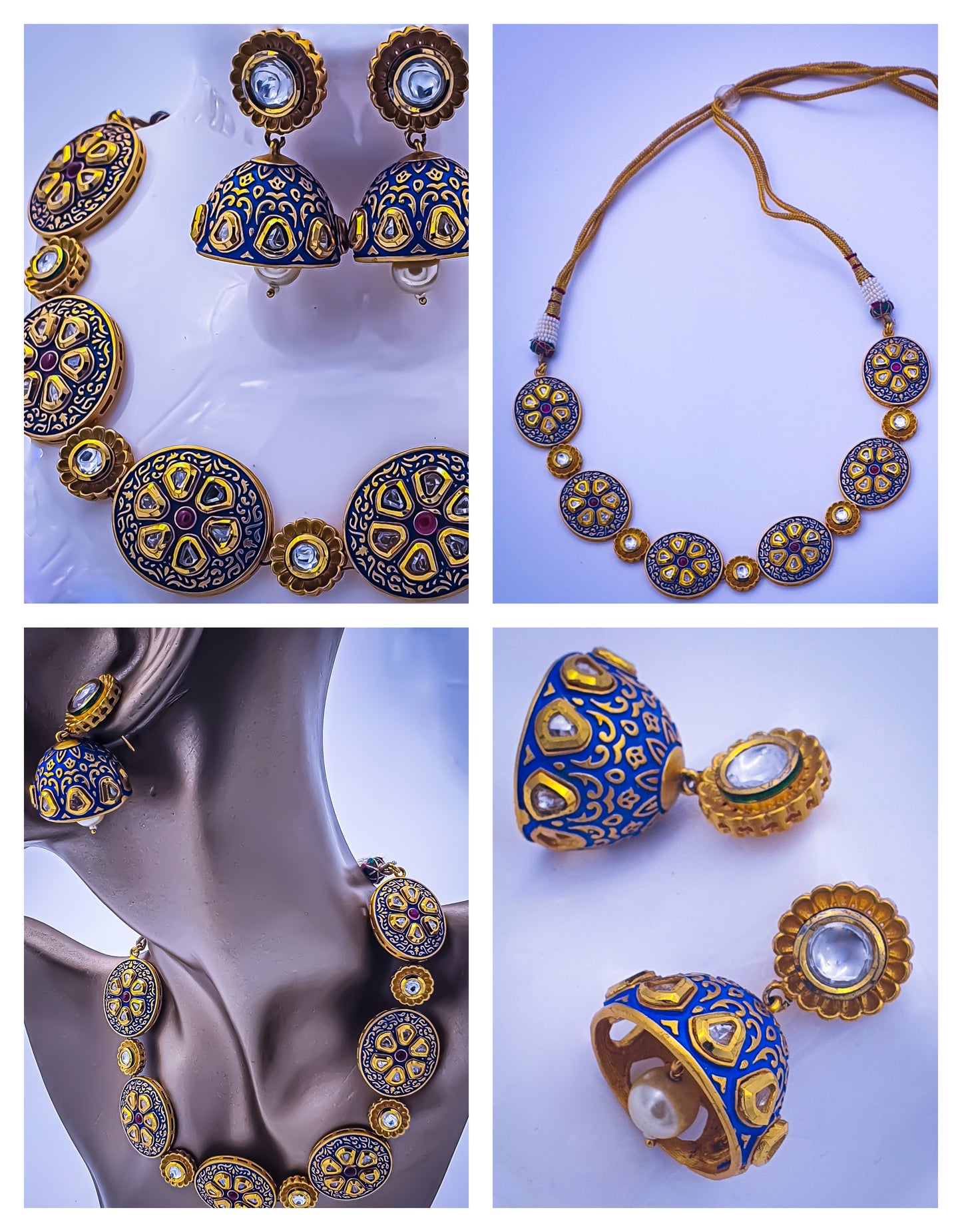 Introducing unique indigo blue choker set with kundan, a captivating symbol of regal elegance and timeless beauty. This exquisite ensemble features a magnificent necklace adorned with mesmerizing shades of indigo and delicate minakari, exuding opulence and sophistication. The regal charm extends to matching earrings, completing the set's enchanting allure.