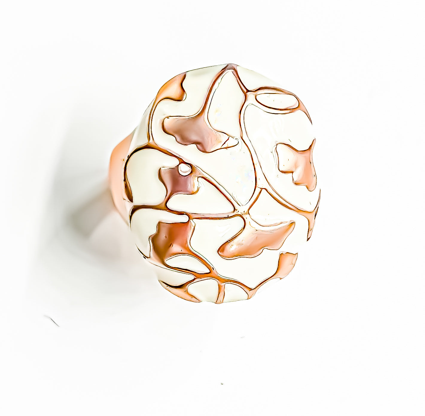 Introducing Raani's Petal Promise, a copper colour broad band statement ring that exudes elegance and sophistication.  This stunning piece is designed to captivate with its unique blend of contemporary artistry and timeless beauty