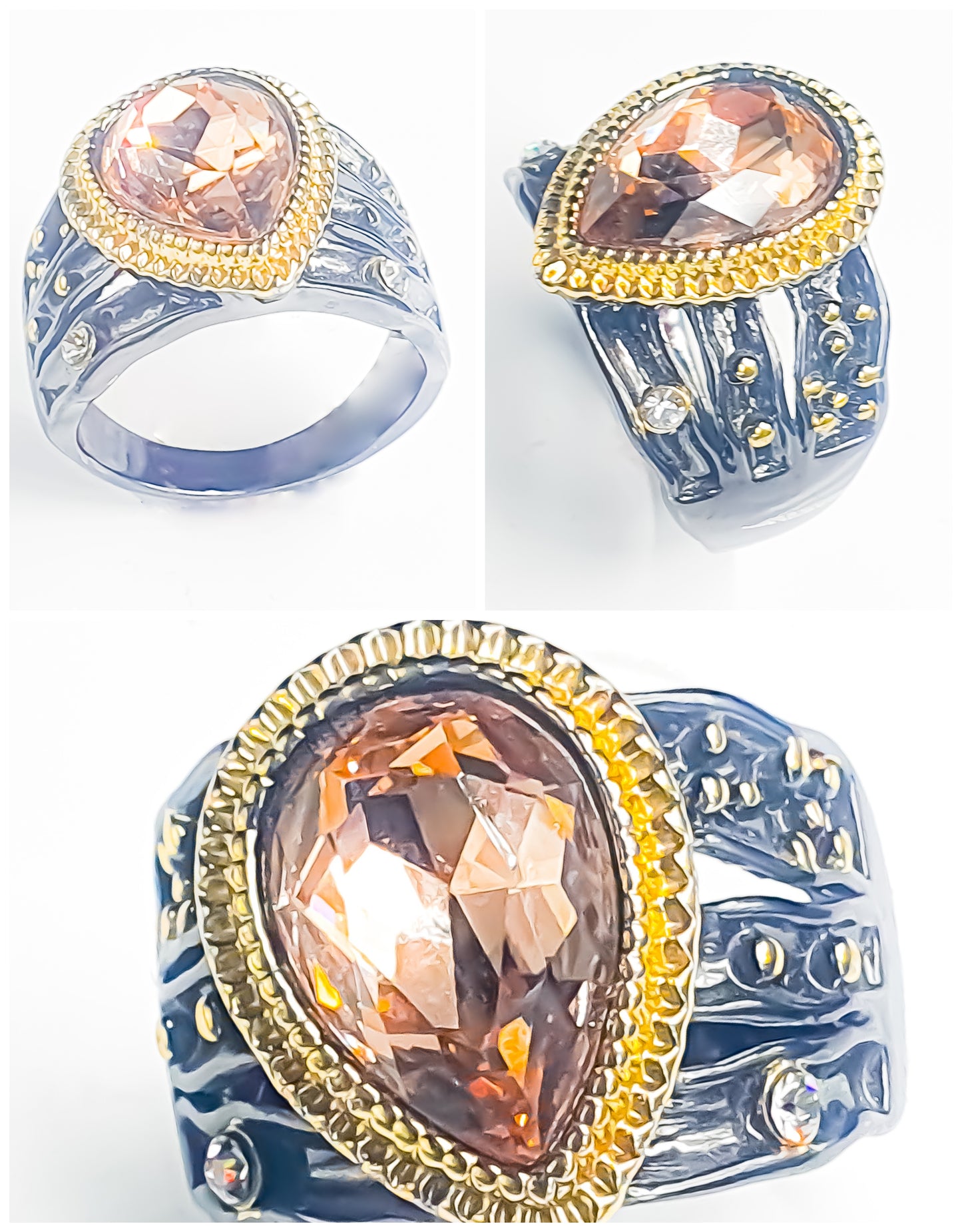 Embody timeless elegance with this black and amber colour statement ring. Raani's Rich Amber Ring features a warm-toned amber-coloured centrepiece that mesmerises with its rich hue. Surrounding the centrepiece, lustrous cubic zirconia adds a touch of brilliance, creating a luxurious and sophisticated look.