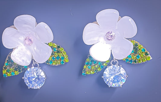 Raanis' White Daisy and Crystal Drop Earrings