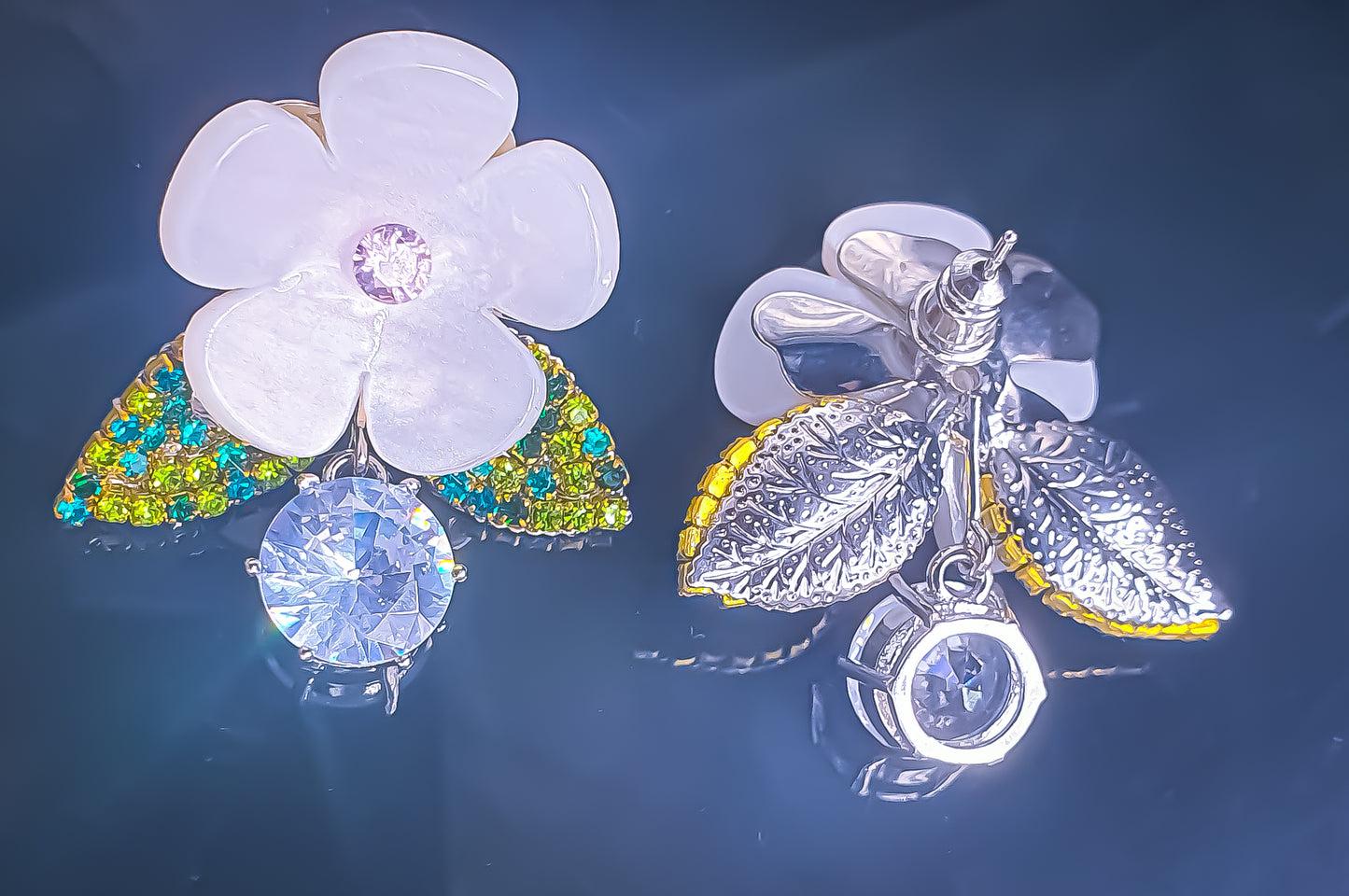 Raanis' White Daisy and Crystal Drop Earrings