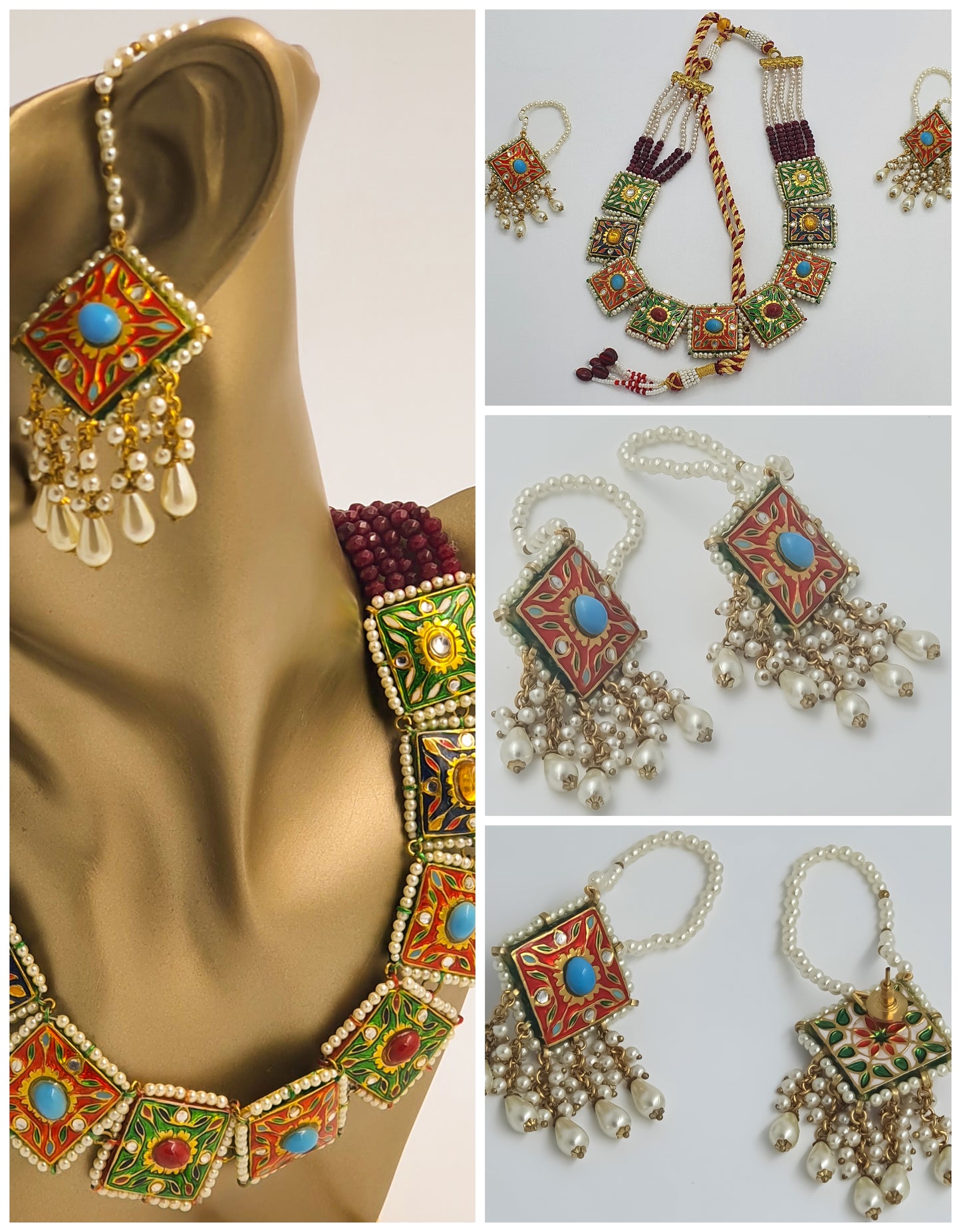 Shine in this exquisite colourful Indian ethnic light-weight necklace set, hand-crafted and studded with multi-coloured semi-precious stones. This beautiful set features high-quality gold plating and a light-weight design, making it perfect for pairing with all Indian ethnic dresses, especially designer lehenga cholis.