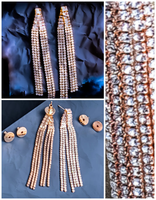 Introducing our Faux Rose Gold Radiance Drops, stunning faux rose gold long earrings with cubic zirconia. These earrings represent the pinnacle of modern elegance. Crafted with precision, they seamlessly blend the warmth of rose gold with the timeless allure of sparkling American Diamonds.